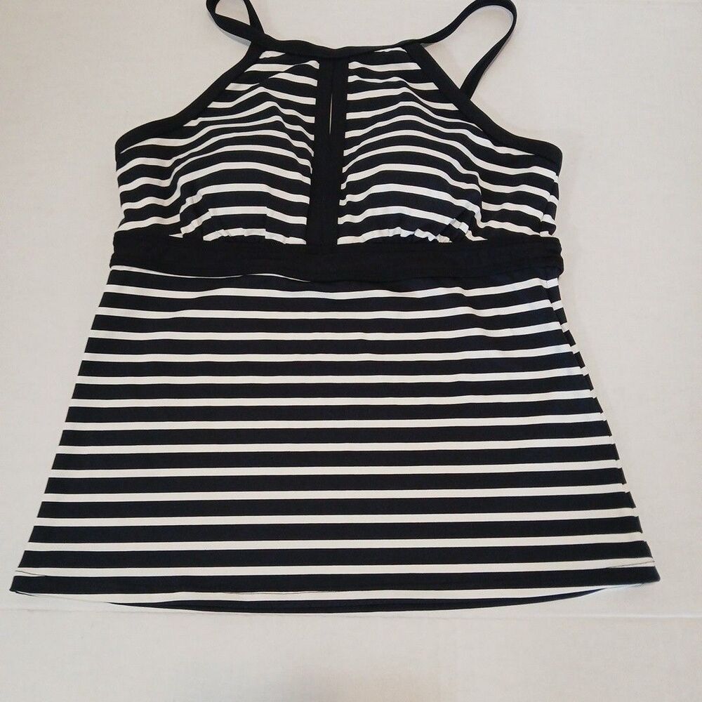 Lands End Tankini Only Black/White Stripped Keyhole High Neck Adjustable 8P